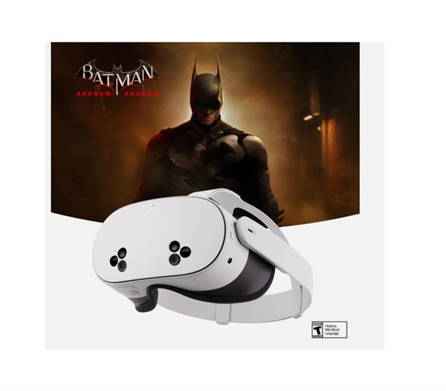 Casco VR Meta Quest 3S con mandos y logo de Batman Arkham Shadow.